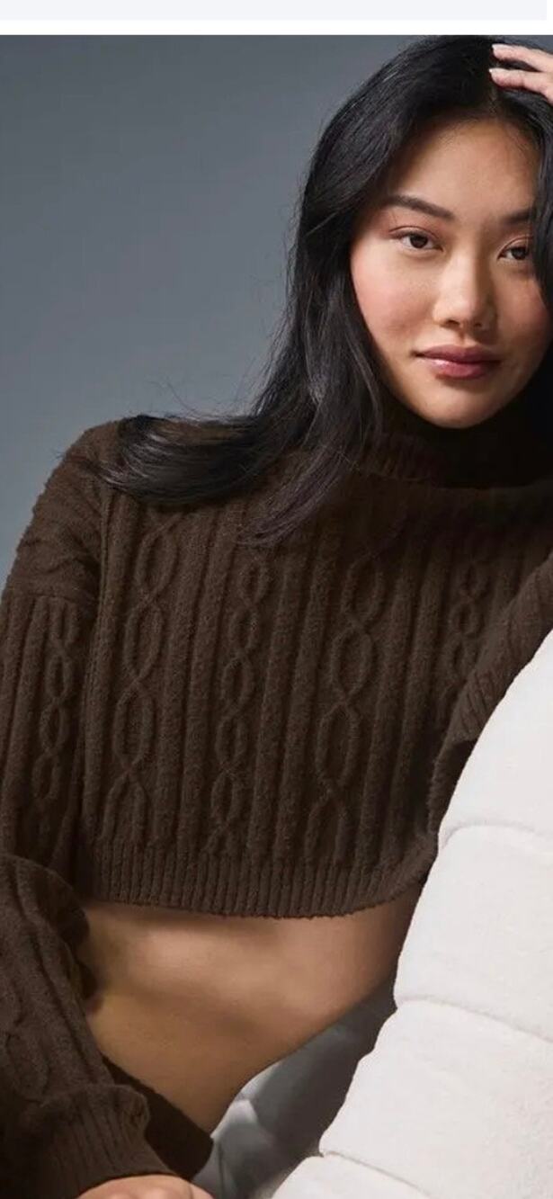 Alo Yoga Cable Knit Cropped Winter Bliss Sweater Espresso Size XS Cozy